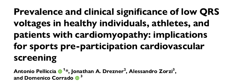 Prevalence and clinical significance of low QRS voltages in healthy individuals, athletes, and patients with cardiomyopathy: implications for sports pre-participation cardiovascular screening